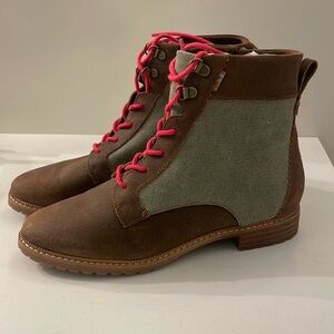 Toms Nolita Brown Suede Olive Green Canvas Hot Pink Lace Up Lug Soles Boots Sz 7